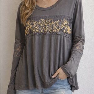 POL Charcoal and Gold Lace Long Sleeve Top